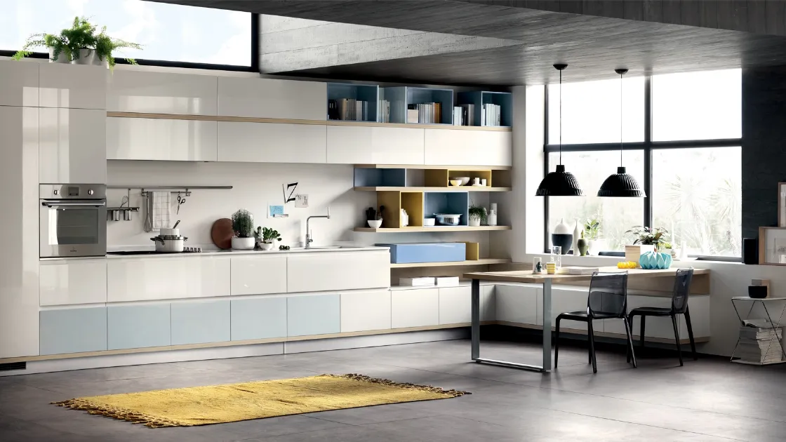 Cucina Moderna Foodshelf 02 in laccato lucido Ghiaccio e Azzurro Laguna di Scavolini