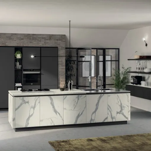 Cucina Moderna Liberamente 07 in laminato Statuario e Grigio Ferro di Scavolini