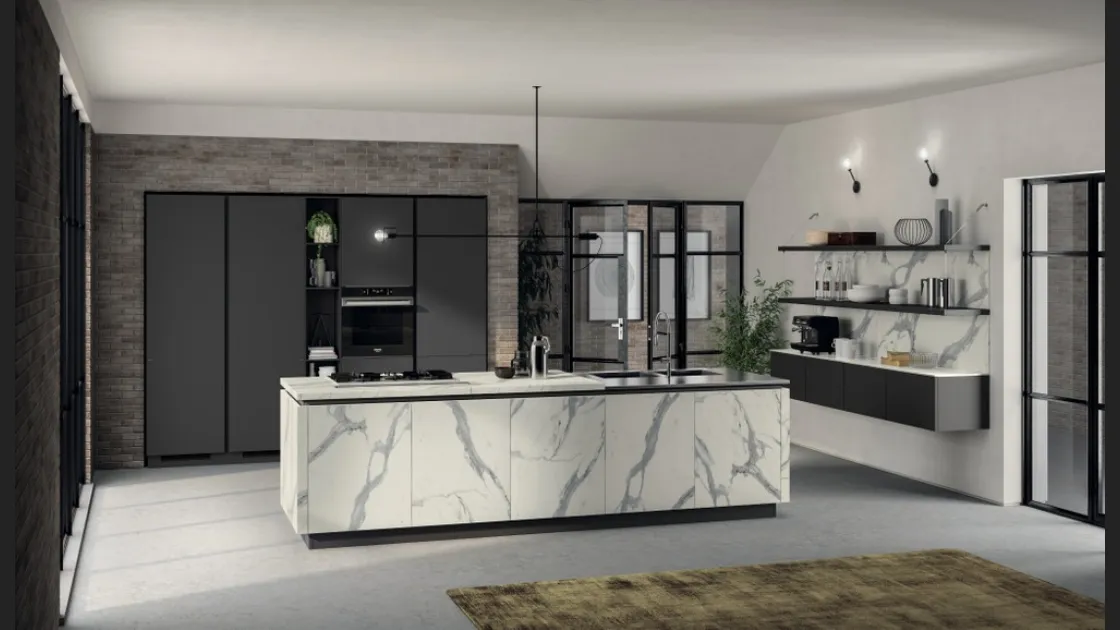 Cucina Moderna Liberamente 07 in laminato Statuario e Grigio Ferro di Scavolini
