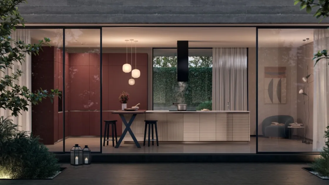 Cucina Moderna Lumina 03 in vetro dogato Pas Dosé e Fenix Rosso Jaipur di Scavolini