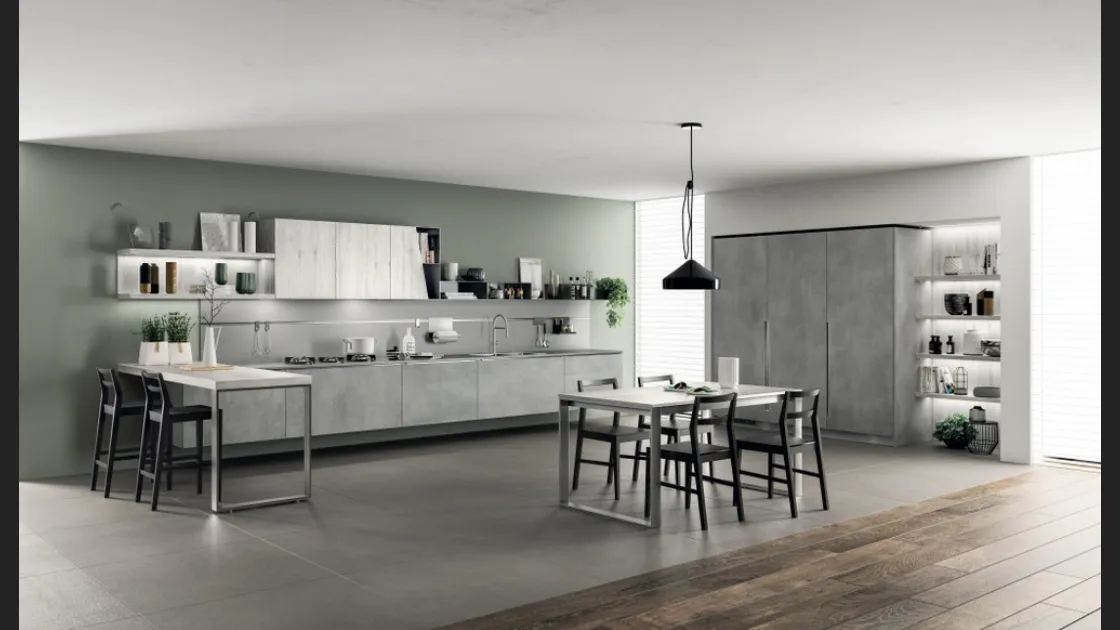 Cucina Moderna Mood 03 in Concrete Brooklyn e Rovere Actual di Scavolini