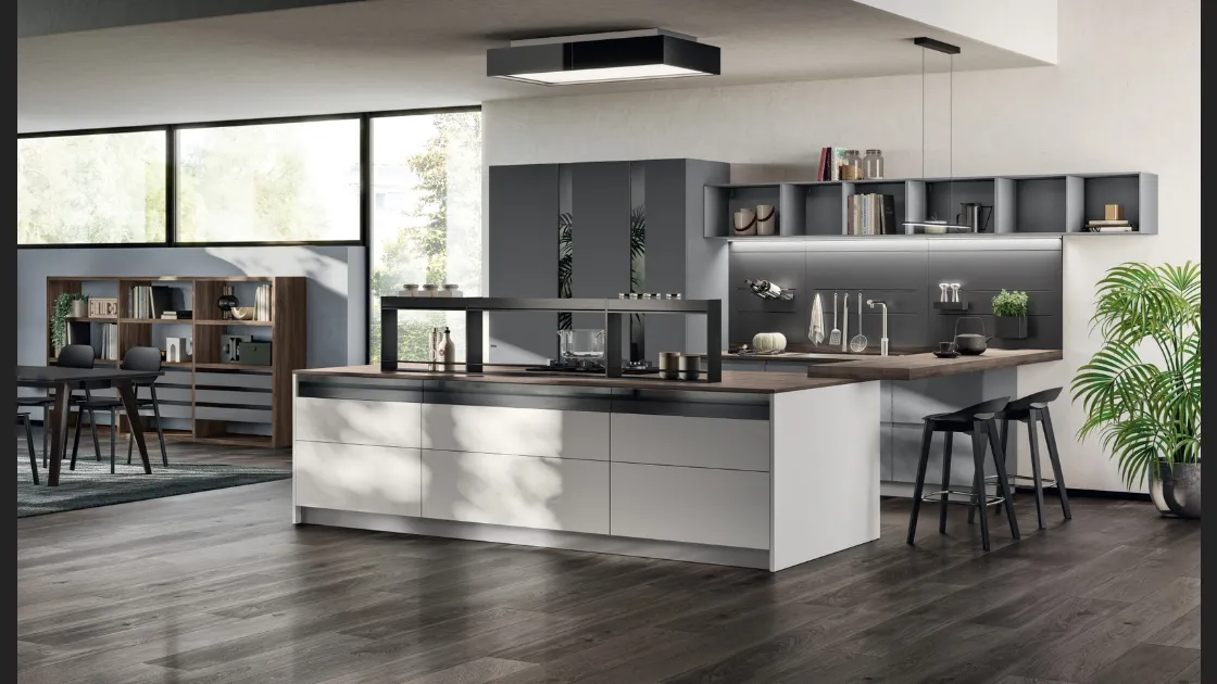 Cucina Moderna Motus 01 in laccato Grigio Airone e Grigio Vulcano di Scavolini
