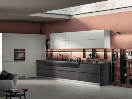 Cucina Moderna Motus 04 in decorativo Pietra Abyss e laccato Grigio Airone di Scavolini