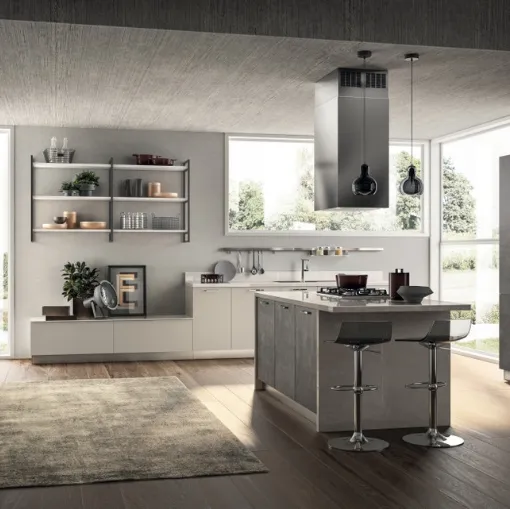 Cucina Moderna con isola Sax 06 in decorativo Concrete Dark e Nebbia di Scavolini