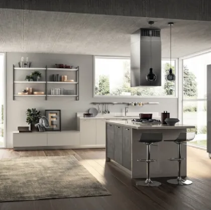Cucina Moderna con isola Sax 06 in decorativo Concrete Dark e Nebbia di Scavolini