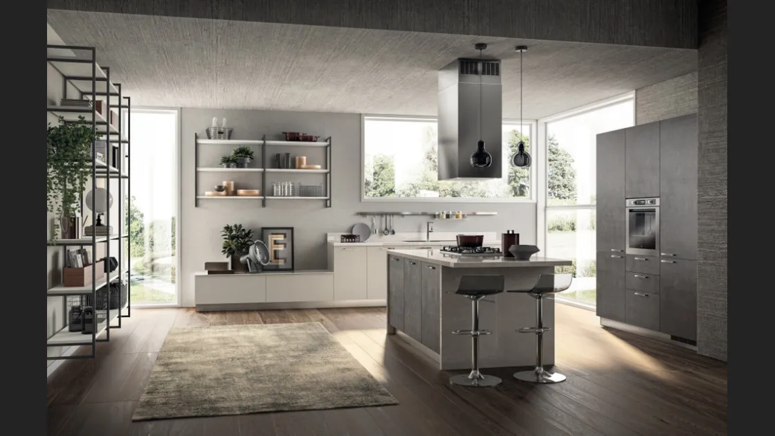 Cucina Moderna con isola Sax 06 in decorativo Concrete Dark e Nebbia di Scavolini