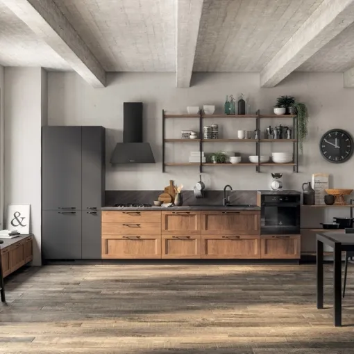 Cucina Moderna lineare Sax 02 in decorativo Rovere Land e laccato opaco Grigio Ferro di Scavolini