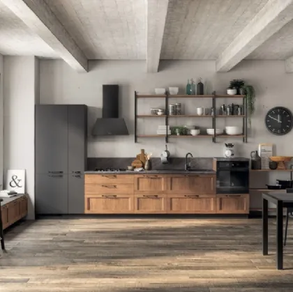 Cucina Moderna lineare Sax 02 in decorativo Rovere Land e laccato opaco Grigio Ferro di Scavolini