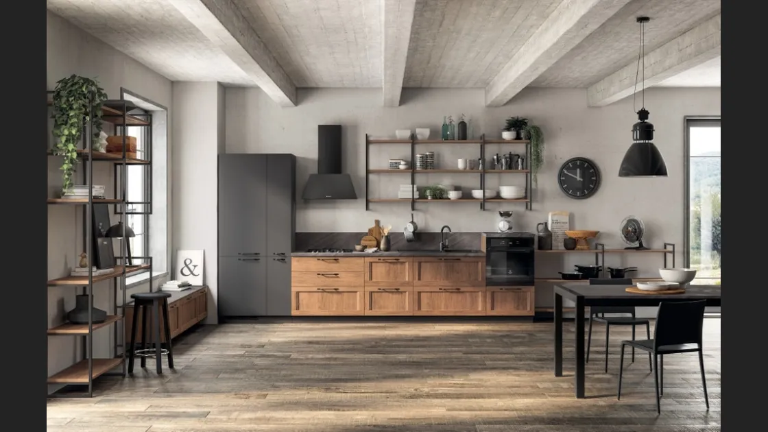 Cucina Moderna lineare Sax 02 in decorativo Rovere Land e laccato opaco Grigio Ferro di Scavolini