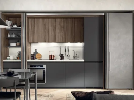 Cucina Boxi 03 in Grigio Ferro opaco e Noce Garden di Scavolini