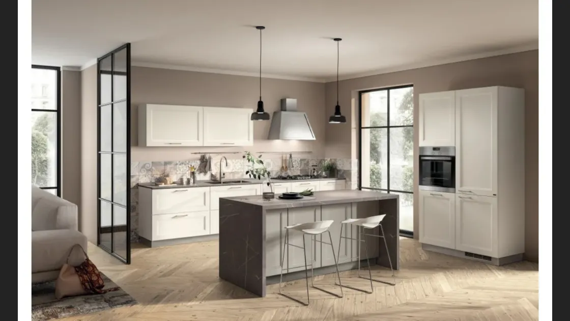 Cucina moderna con isola Colony 01 in laccato Bianco opaco di Scavolini