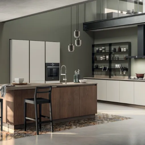 Cucina su misura con isola Evolution 05 in laccato opaco Bianco e alluminio Antracite di Scavolini