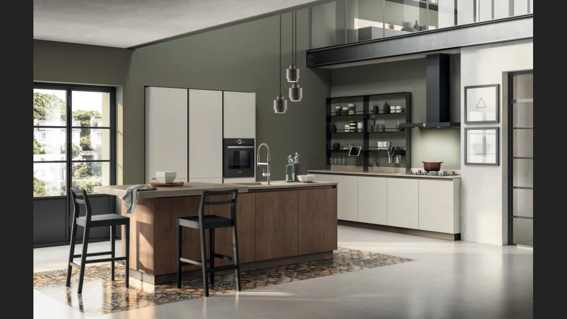 Cucina su misura con isola Evolution 05 in laccato opaco Bianco e alluminio Antracite di Scavolini