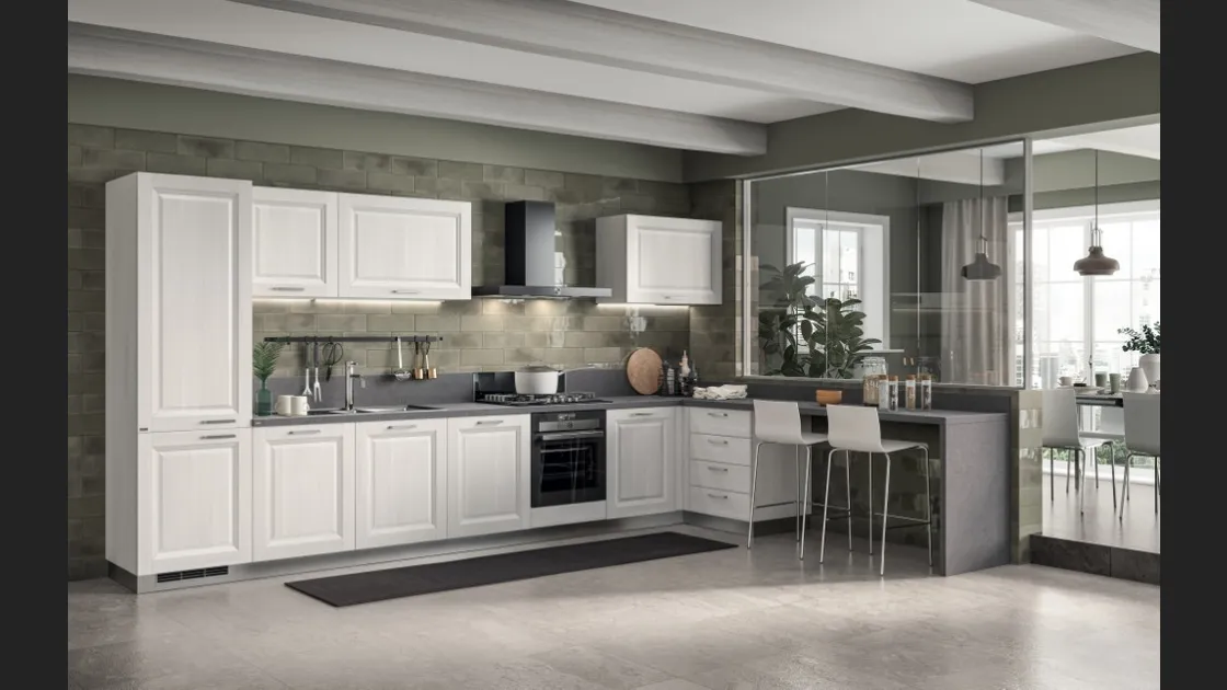 Cucina su misura angolare con penisola Family 02 in decorativo Larice Neve di Scavolini