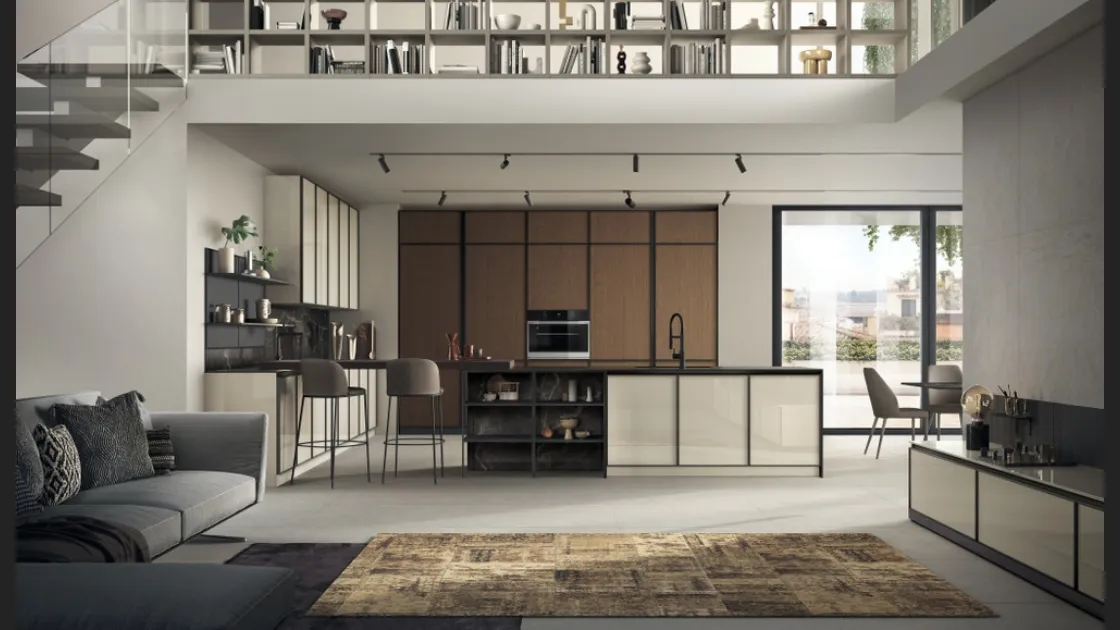 Cucina su misura Jeometrica 01 in vetro lucido Tortora e Rovere di Scavolini