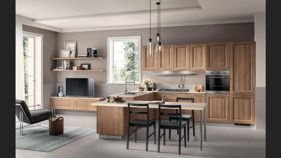 Cucina su misura con penisola Family 01 decorativo Rovere Azteco di Scavolini