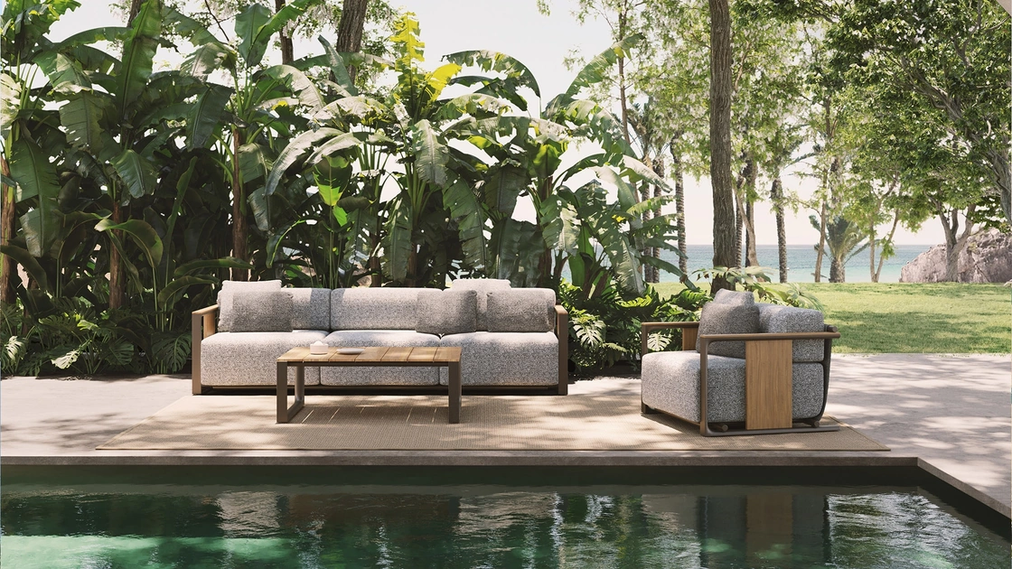 Arredo da esterno Tulum in tessuto imbottito e legno di Vondom