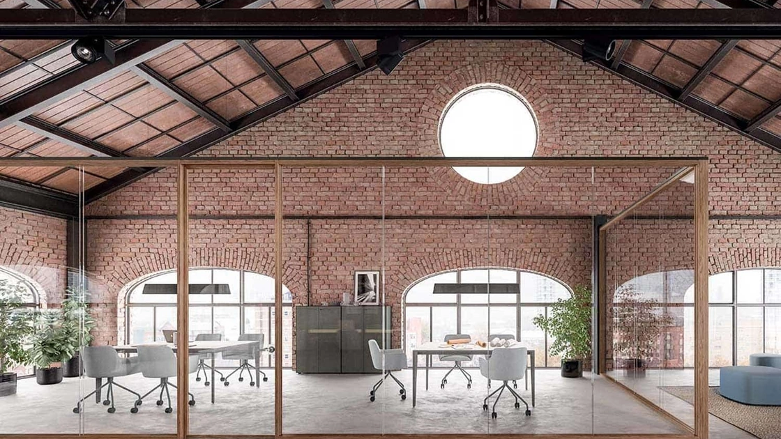 Pareti divisorie M2 in vetro con cornice in melaminico effetto legno di Quadrifoglio