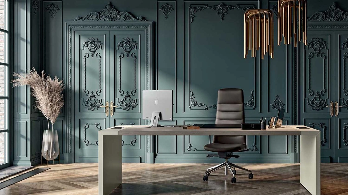 Scrivania Direzionale con piano in Olmo grigio e struttura in melaminico laccato opaco e10 di Quadrifoglio