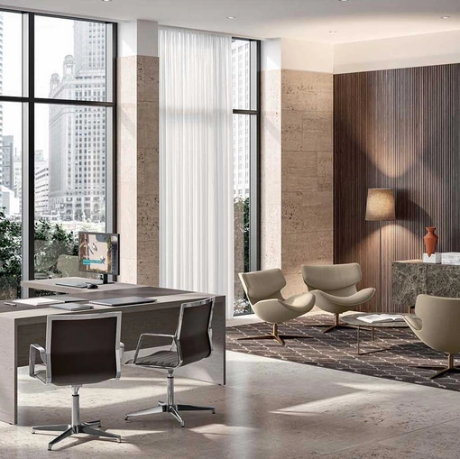 Scrivania Direzionale e9 in Olmo grigio con inserto in cuoietto di Quadrifoglio