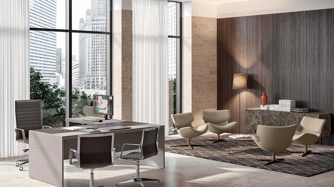 Scrivania Direzionale e9 in Olmo grigio con inserto in cuoietto di Quadrifoglio