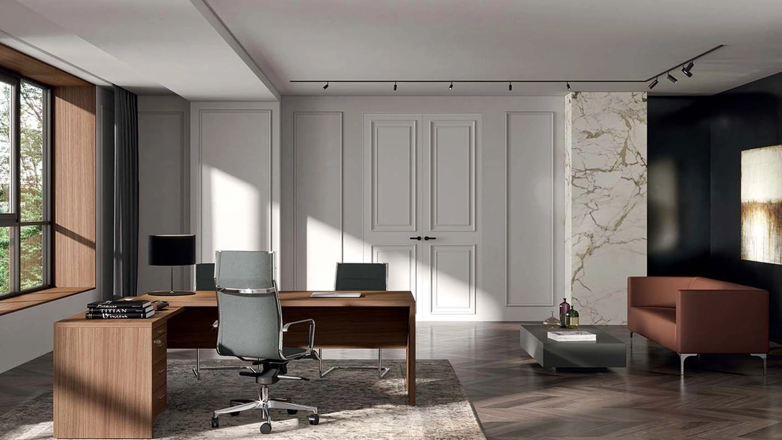 Scrivania Direzionale angolare T45 in melaminico Noce Canaletto di Quadrifoglio