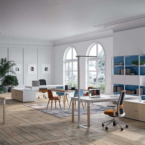 Scrivania Operativa X4 in melaminico bianco e Olmo Sbiancato di Quadrifoglio