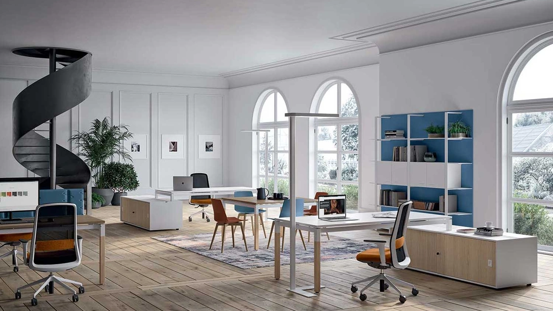 Scrivania Operativa X4 in melaminico bianco e Olmo Sbiancato di Quadrifoglio